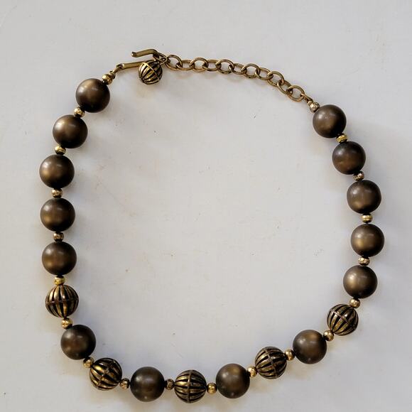 Vintage Bronze Beaded Necklace With Round Matte & Textured Filigree Bead Accents - Picture 2 of 10